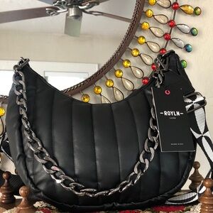 NWT THINK ROYLN Black Faux Leather Quilted Crossbody w:2 Straps